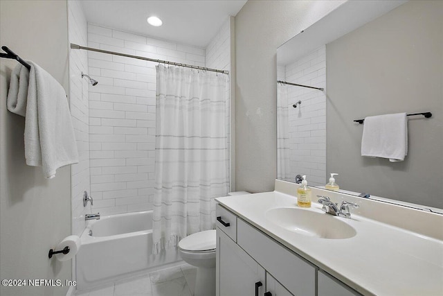 full bathroom with vanity, toilet, and shower / bathtub combination with curtain