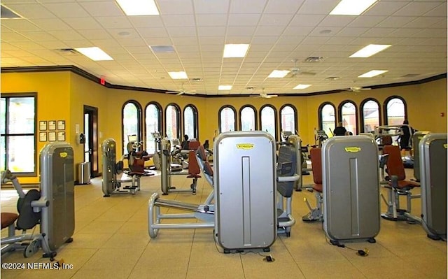 workout area featuring a paneled ceiling and crown molding