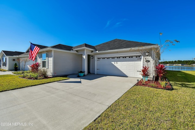 ranch-style house with a water view, a garage, and a front yard