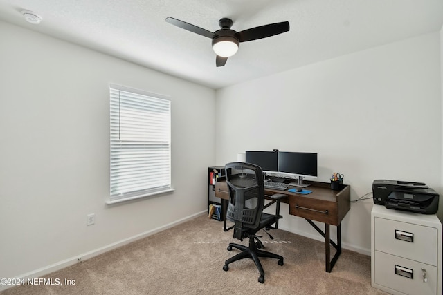 office with ceiling fan and light colored carpet