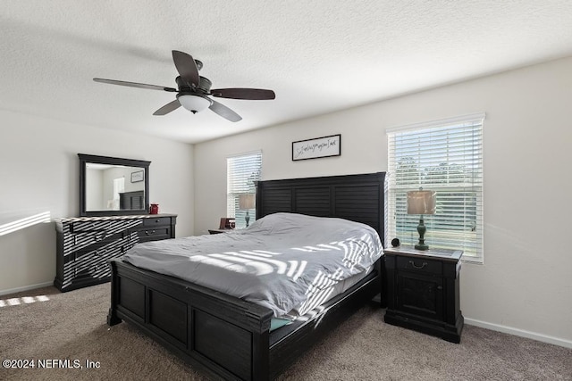 bedroom featuring a textured ceiling, carpet floors, multiple windows, and ceiling fan