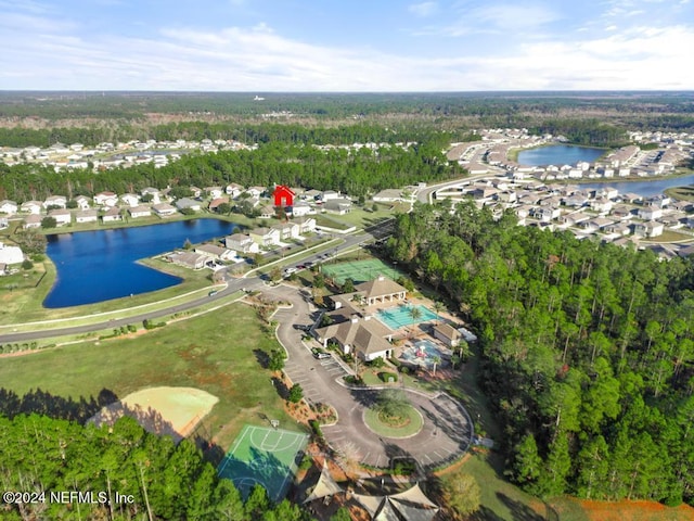 aerial view featuring a water view