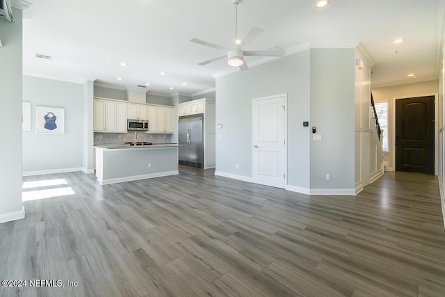 unfurnished living room featuring crown molding, sink, ceiling fan, and light wood-type flooring