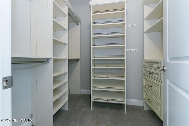 walk in closet featuring dark colored carpet