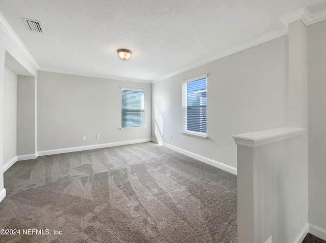 carpeted spare room with ornamental molding and a textured ceiling