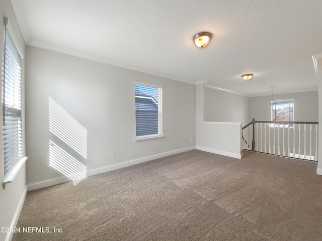 carpeted empty room with a textured ceiling and crown molding