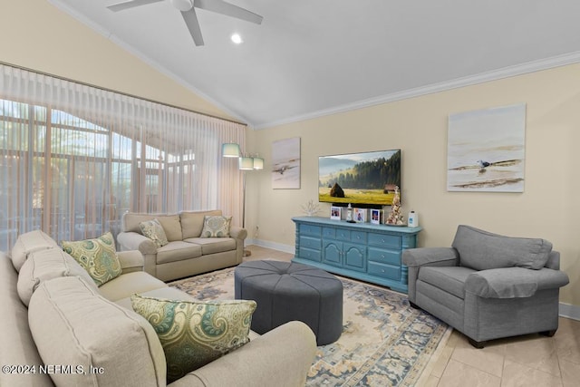 tiled living room featuring ceiling fan, crown molding, and vaulted ceiling