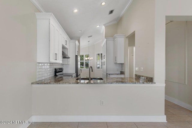 kitchen with kitchen peninsula, appliances with stainless steel finishes, white cabinetry, and sink