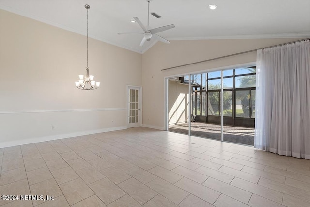 empty room featuring crown molding, high vaulted ceiling, and ceiling fan with notable chandelier