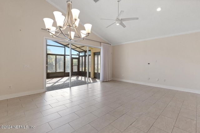 tiled spare room featuring ceiling fan with notable chandelier, high vaulted ceiling, and ornamental molding