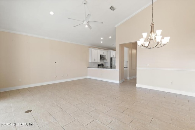 unfurnished living room featuring ceiling fan with notable chandelier and ornamental molding