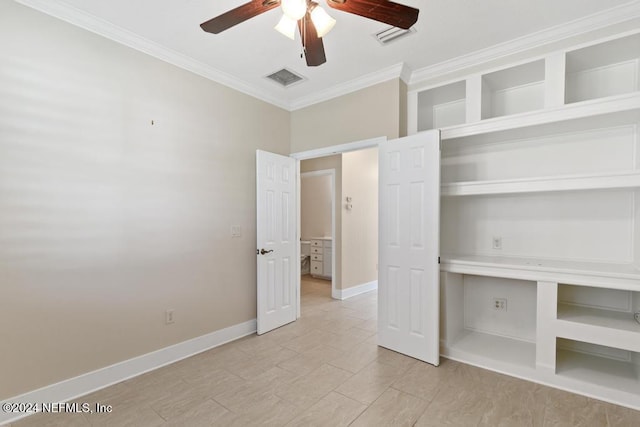 unfurnished bedroom featuring a closet, ceiling fan, and crown molding