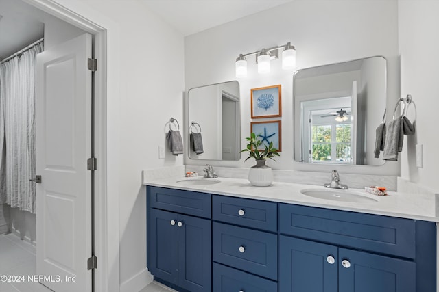 bathroom with vanity, tile patterned floors, and ceiling fan