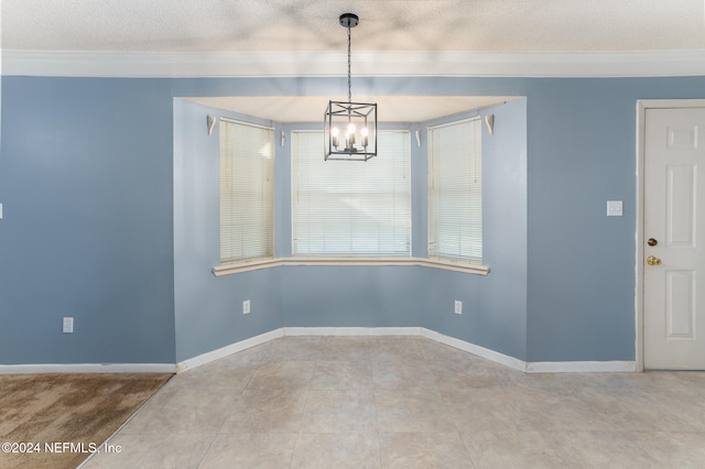 unfurnished dining area with a notable chandelier, light tile patterned floors, and a textured ceiling