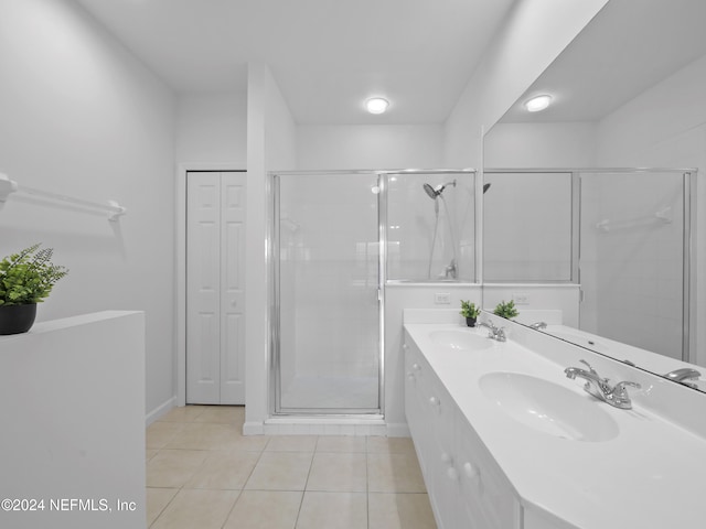 bathroom featuring tile patterned flooring, vanity, and an enclosed shower