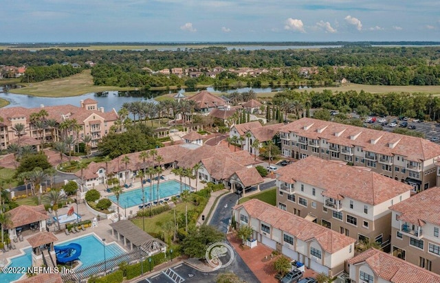 bird's eye view with a water view