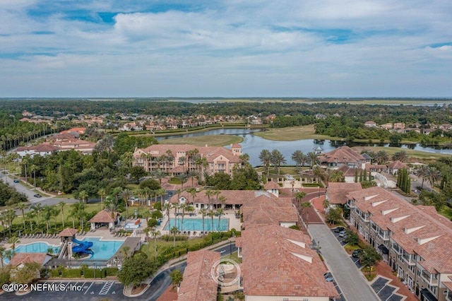 drone / aerial view featuring a water view