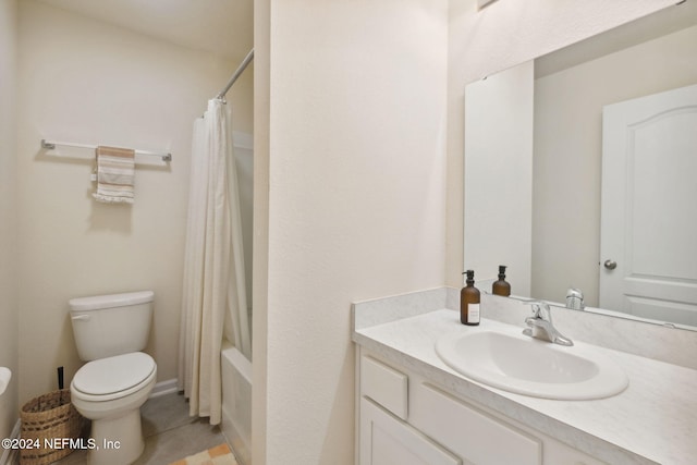 full bathroom featuring tile patterned flooring, shower / bath combo, vanity, and toilet