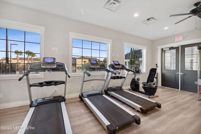 exercise room with ceiling fan and light hardwood / wood-style floors