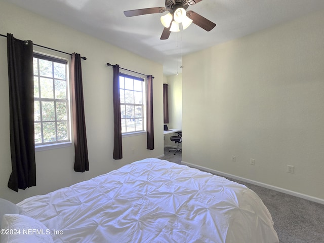 carpeted bedroom featuring multiple windows and ceiling fan