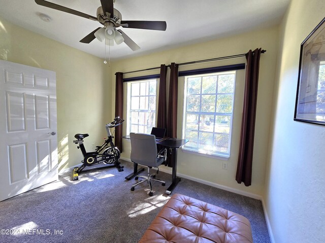 carpeted office space with ceiling fan