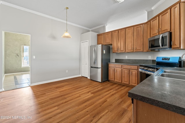 kitchen featuring decorative light fixtures, light wood-type flooring, stainless steel appliances, and ornamental molding