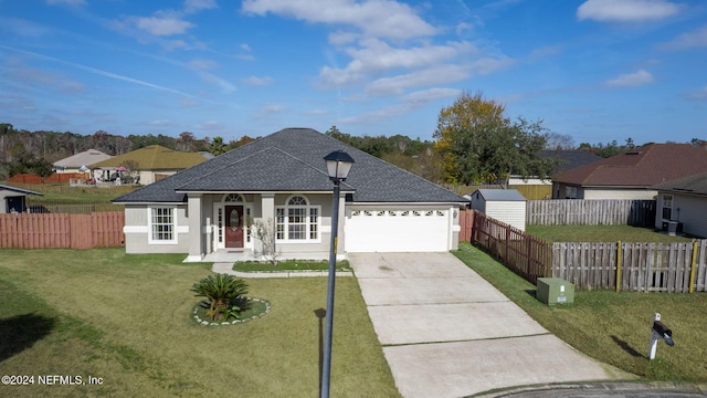 view of front of property featuring a front yard and a garage