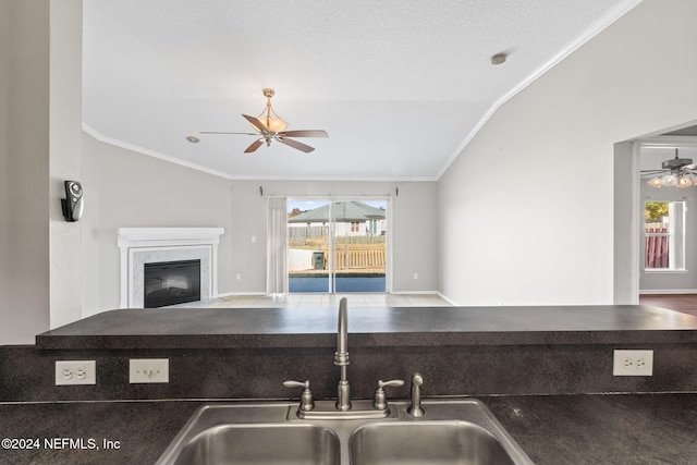 kitchen with vaulted ceiling, ceiling fan, crown molding, and sink