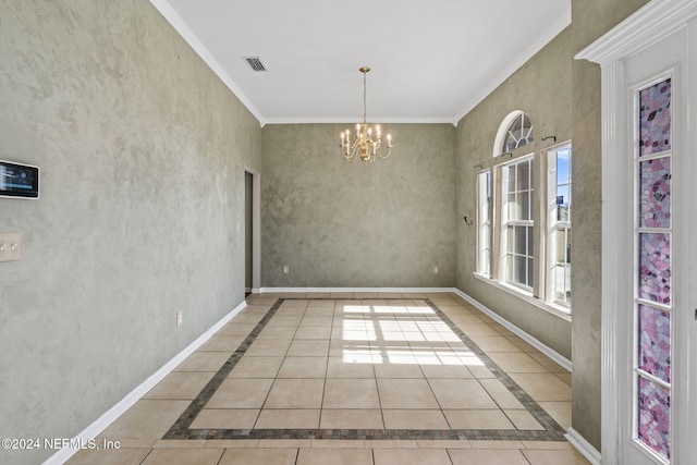 unfurnished dining area with light tile patterned flooring, crown molding, and an inviting chandelier