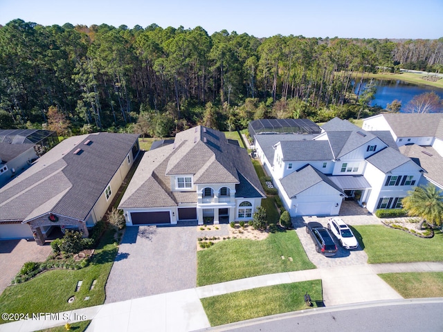 bird's eye view with a water view