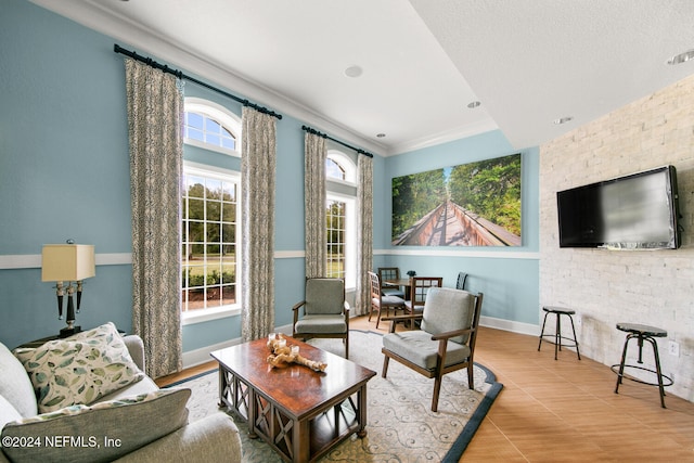 living room featuring crown molding