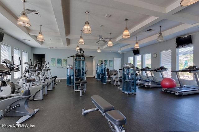 gym featuring ceiling fan and coffered ceiling