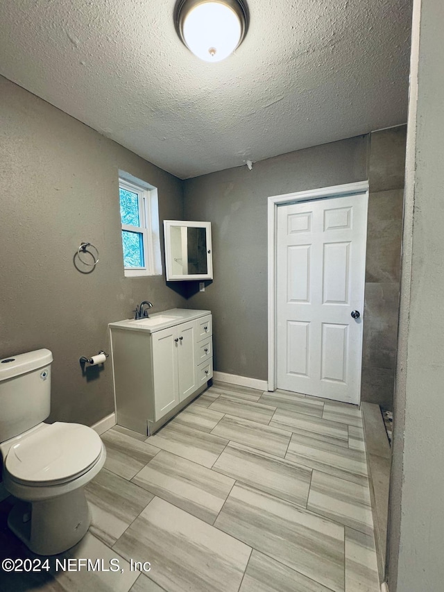 bathroom featuring vanity, toilet, and a textured ceiling