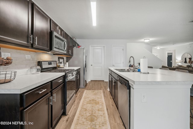 kitchen featuring a center island with sink, decorative backsplash, sink, light wood-type flooring, and appliances with stainless steel finishes