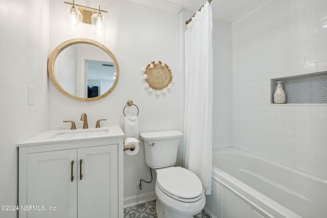 full bathroom featuring vanity, shower / bath combo, and toilet