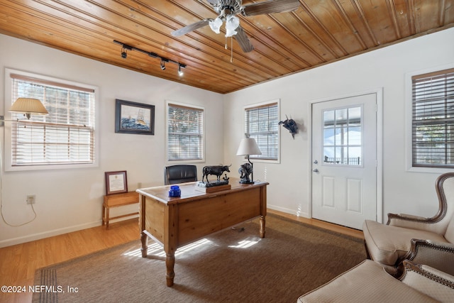 office space featuring hardwood / wood-style flooring, ceiling fan, a healthy amount of sunlight, and wood ceiling