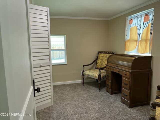 living area with carpet flooring and ornamental molding