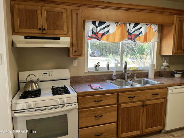 kitchen with white appliances, light hardwood / wood-style floors, and sink