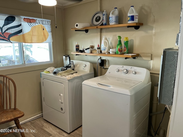 washroom with separate washer and dryer and light hardwood / wood-style flooring