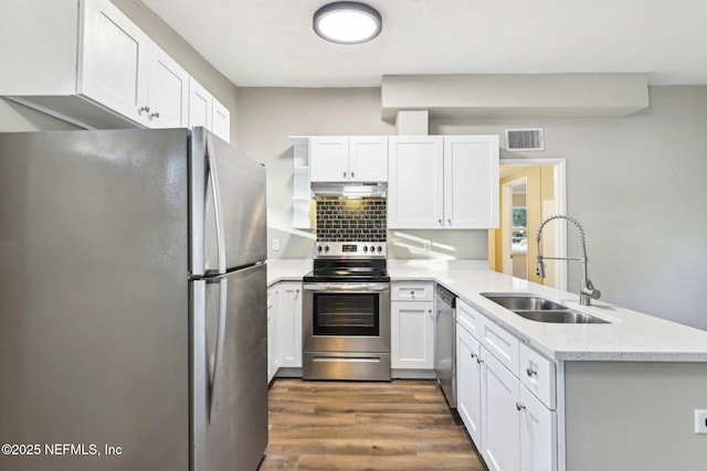 kitchen with sink, tasteful backsplash, kitchen peninsula, white cabinets, and appliances with stainless steel finishes