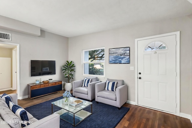 living room featuring dark wood-type flooring