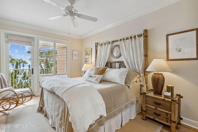 bedroom with ceiling fan, light hardwood / wood-style floors, ornamental molding, and access to outside