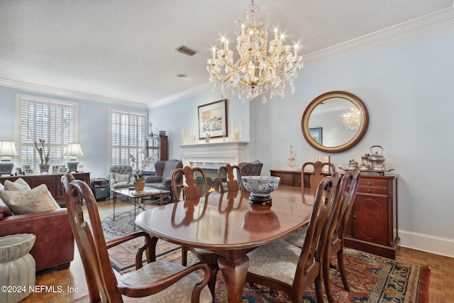 dining space featuring crown molding, dark parquet floors, a textured ceiling, and a notable chandelier