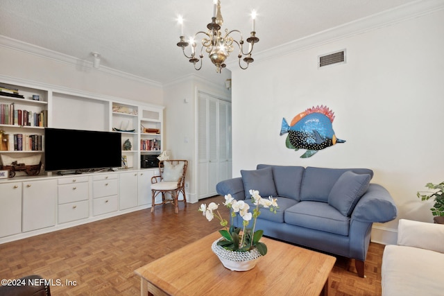 living room with a textured ceiling, a notable chandelier, crown molding, and light parquet flooring