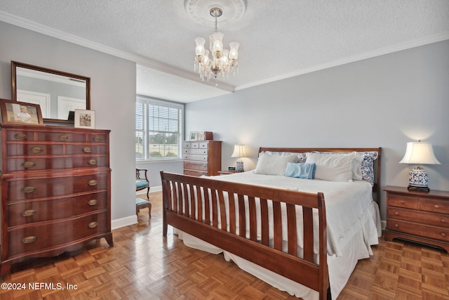 bedroom with ornamental molding, a textured ceiling, parquet floors, and a notable chandelier