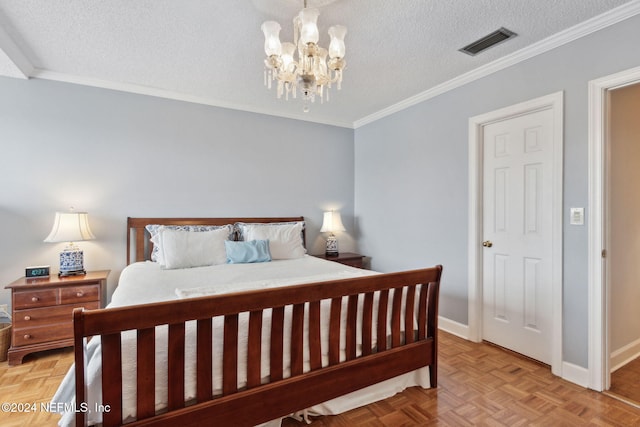 bedroom featuring a notable chandelier, crown molding, a textured ceiling, and parquet flooring