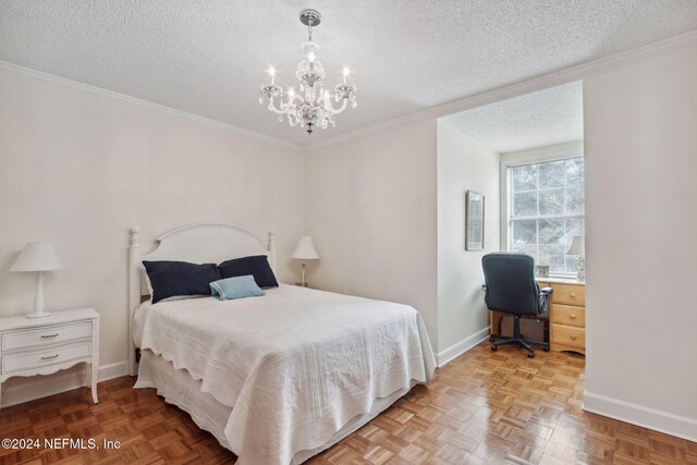 bedroom with a notable chandelier, ornamental molding, a textured ceiling, and light parquet floors