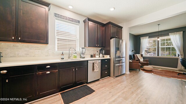 kitchen with dark brown cabinetry, sink, decorative backsplash, appliances with stainless steel finishes, and light wood-type flooring