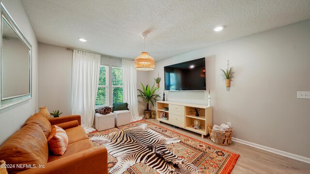 living room featuring light hardwood / wood-style flooring and a textured ceiling