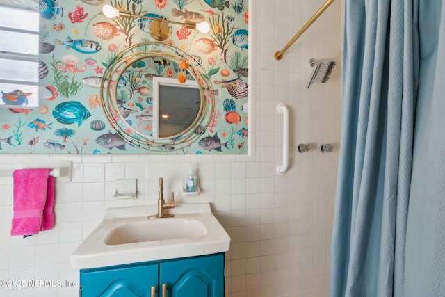 bathroom with vanity and curtained shower